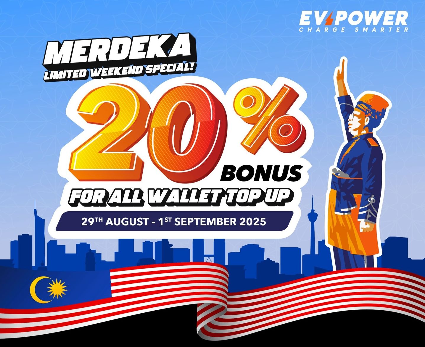 Merdeka Promo: EVPower offers 20% bonus EV Charging credit for Wallet Top Up