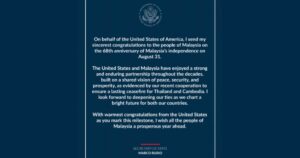 US congratulates Malaysia on 68th Independence Day