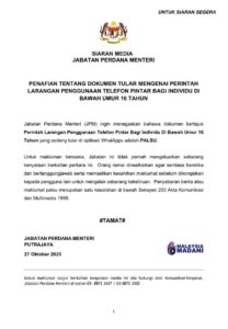 JPM Nafi Penularan Dokumen Palsu Berkaitan Larangan Telefon Pintar Untuk Remaja Bawah Umur