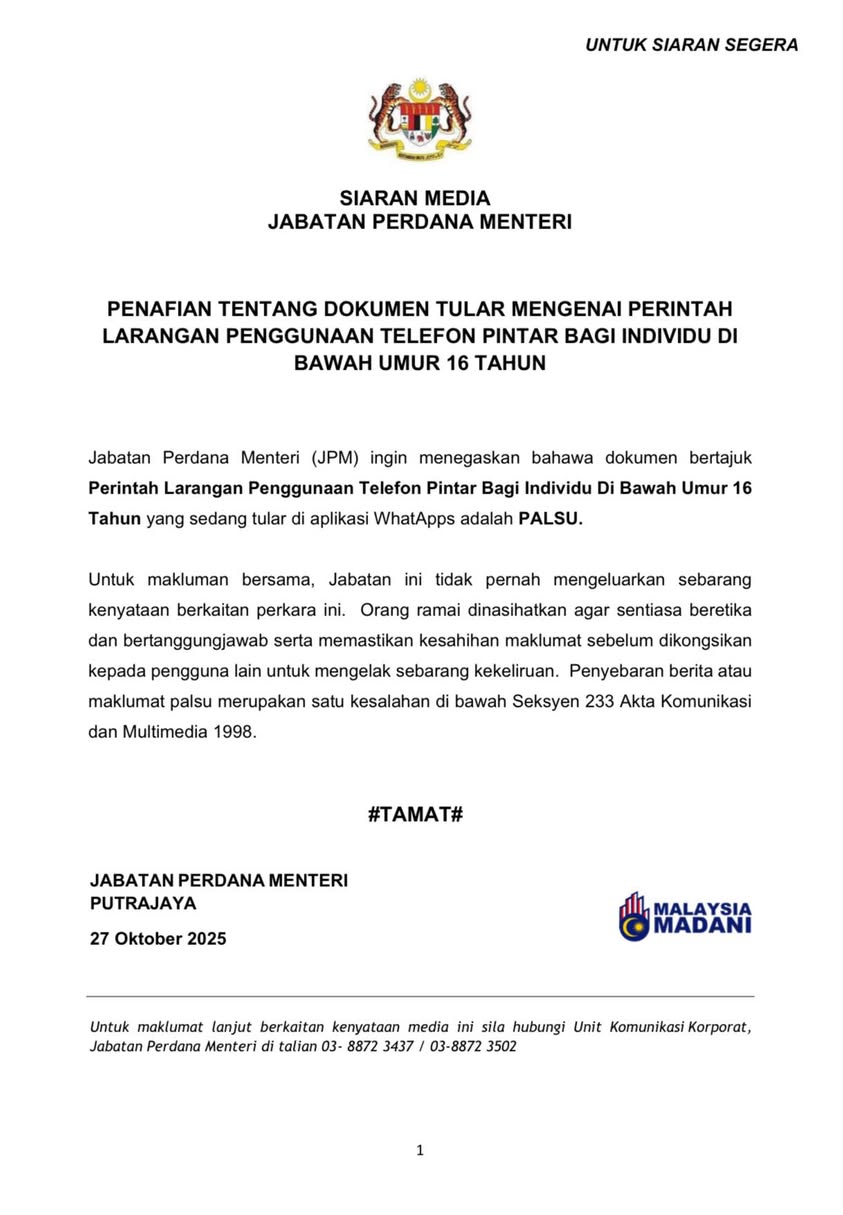 JPM Nafi Penularan Dokumen Palsu Berkaitan Larangan Telefon Pintar Untuk Remaja Bawah Umur