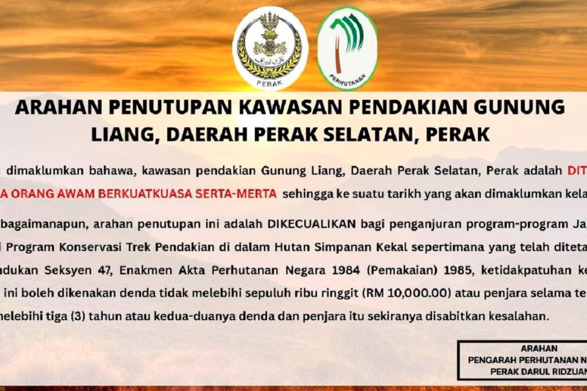 Kawasan pendakian Gunung Liang ditutup serta-merta selepas kematian pendaki