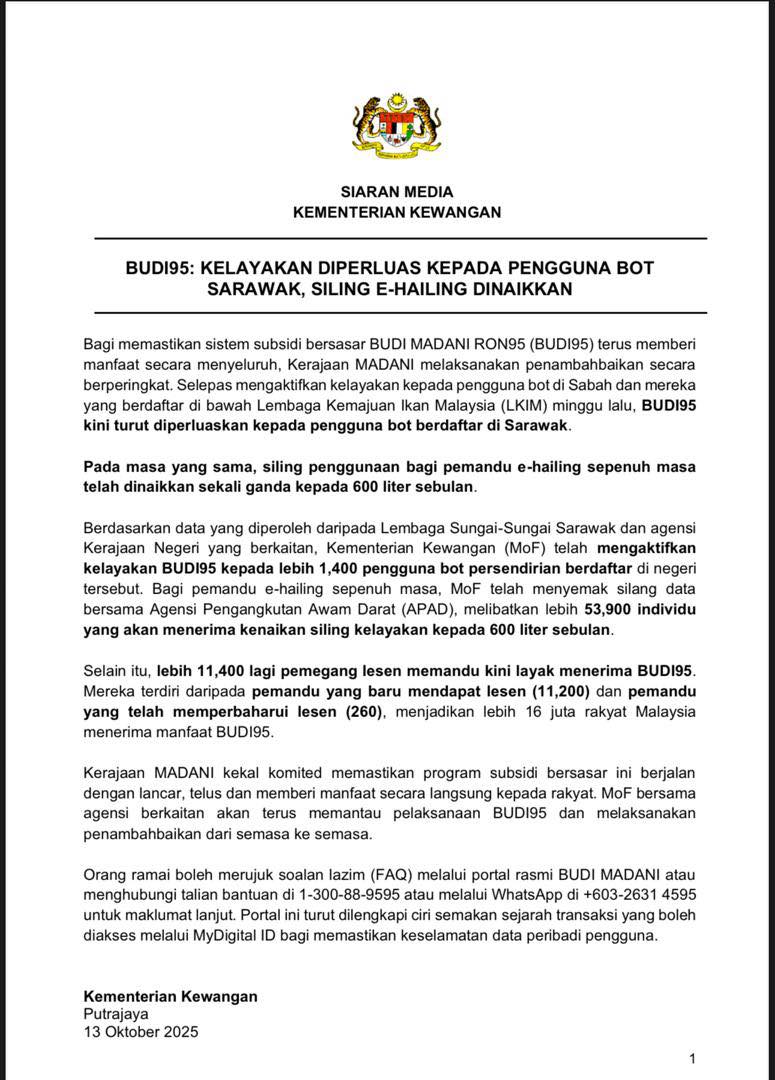 Kerajaan Naikkan Kuota BUDI95 Kepada 600 Liter Sebulan Untuk Pemandu Seru-Pandu Sepenuh Masa