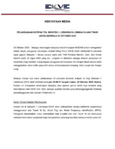 Kutipan Tol Lebuhraya EKVE Bermula Secara Rasmi Pada 25 Oktober 2025