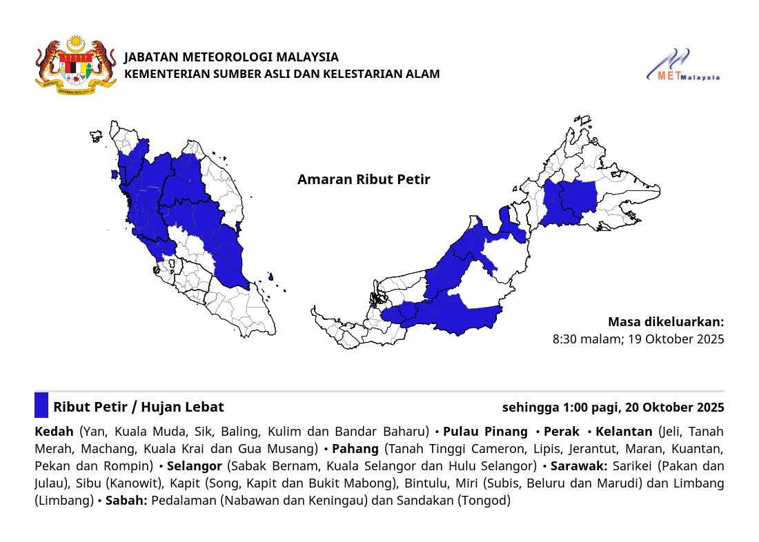 MetMalaysia warns of thunderstorms in eight states until 1am (Oct 20)
