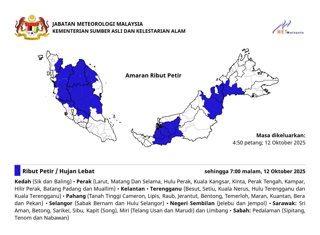 MetMalaysia warns of thunderstorms in several states until 7pm (Oct 12)