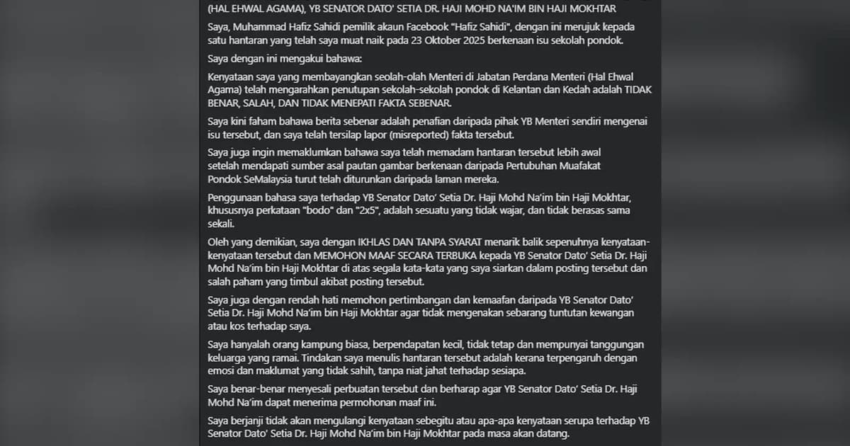 FB user apologises to minister over pondok schools closure allegation