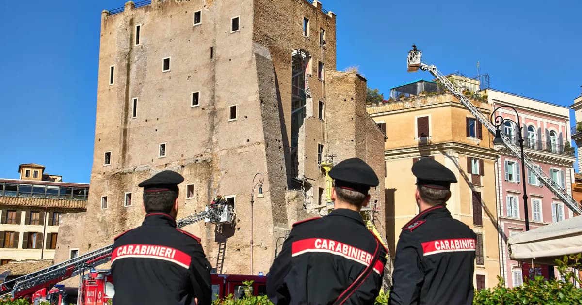 Medieval tower partially collapses in Rome, trapping worker