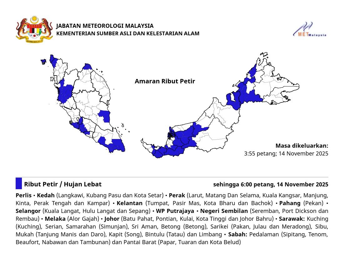 MetMalaysia: Thunderstorms in 11 states, Putrajaya until 6pm (Nov 14)