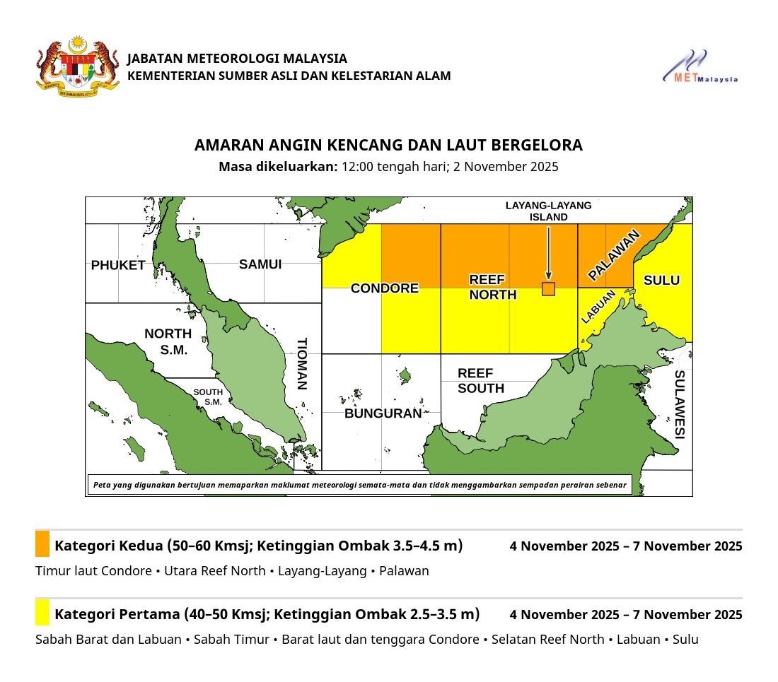 MetMalaysia issues strong wind, rough sea warning for Sabah, Labuan