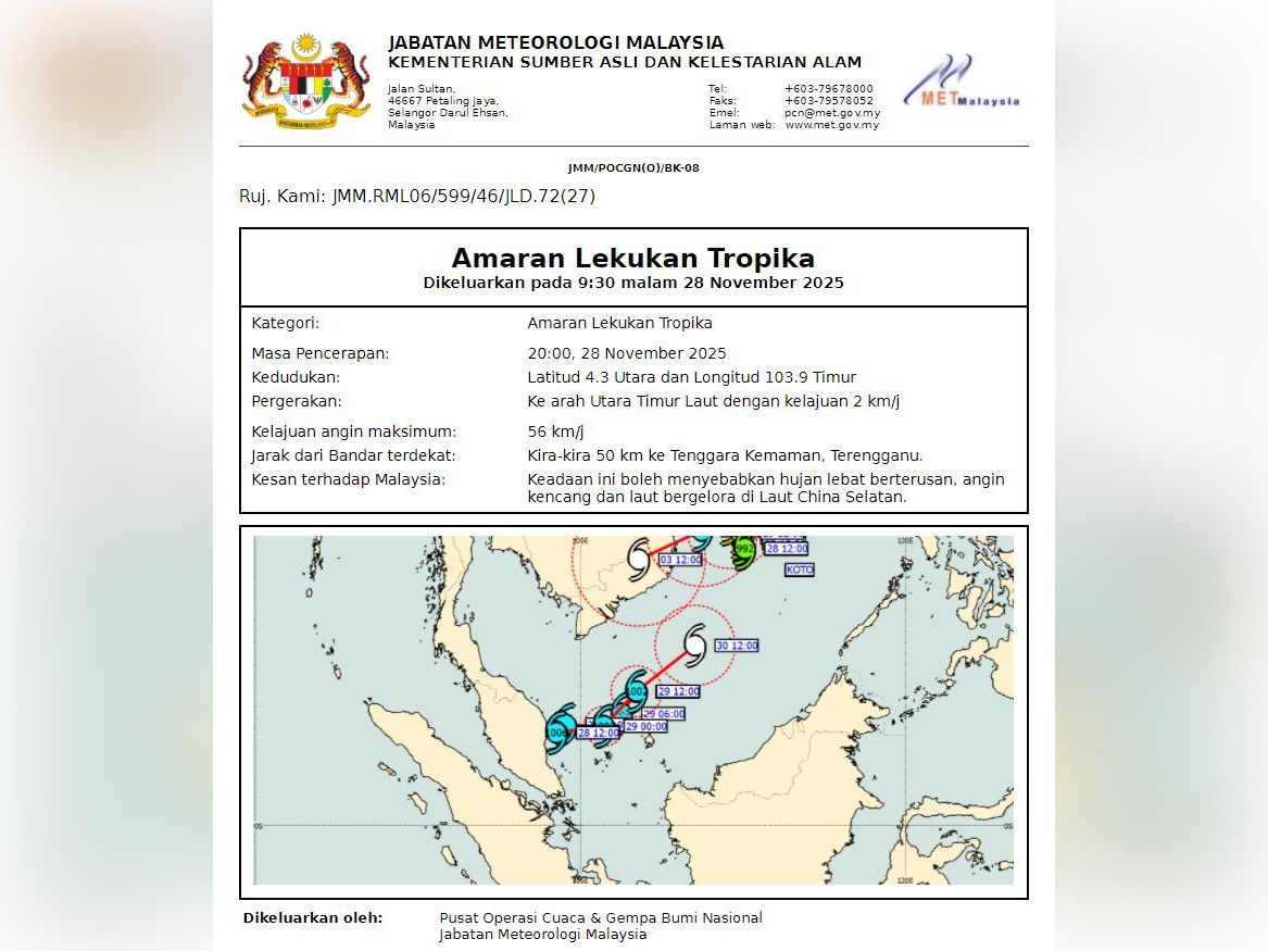 MetMalaysia issues tropical depression warning near Kemaman, Terengganu