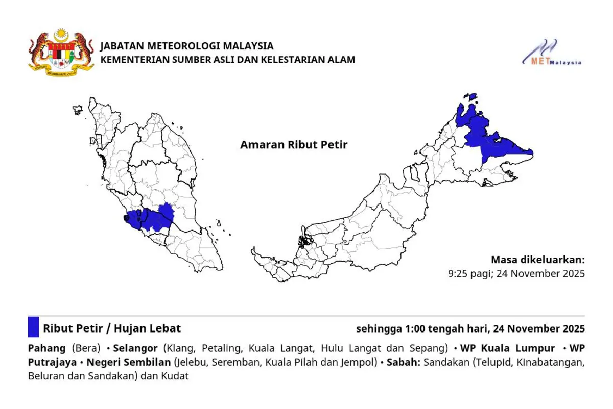 MetMalaysia keluar amaran ribut petir, lekukan tropika tidak jejas negara