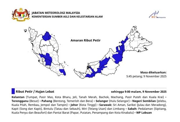 MetMalaysia warns of thunderstorms in several states until 9pm (Nov 9)