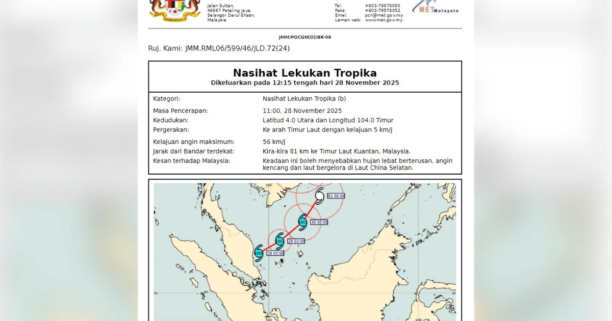 Tropical depression detected off Kuantan, says MetMalaysia