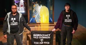 Four arrested at Tower of London after apple crumble and custard thrown at State Crown display