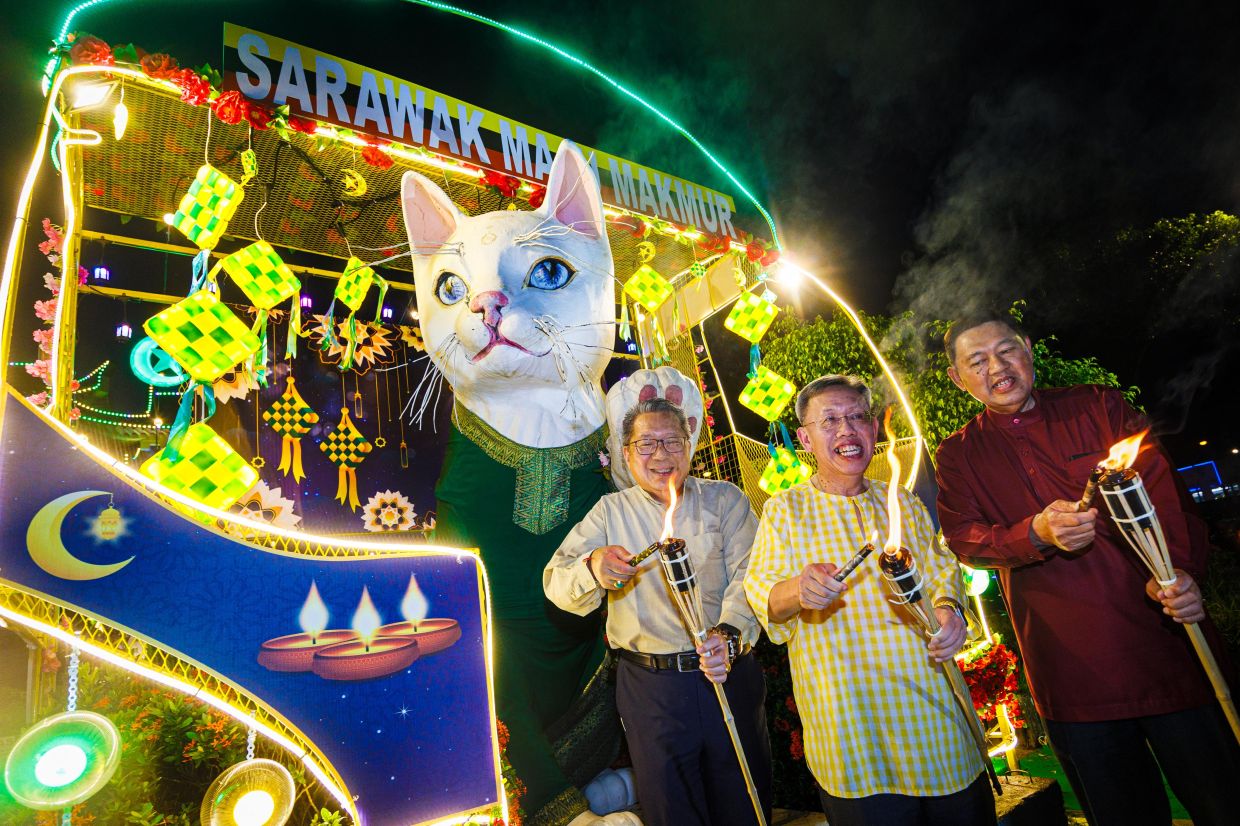 The cat in songket: Iconic Kuching statue decked out for Raya to reflect harmony