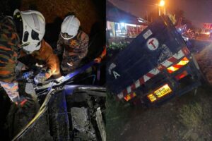 Trailer rams two cars, veers into drain in Sekinchan