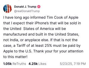 Amerika Akan Mengenakan Tarif Minima 25% Pada iPhone Jika Tidak Dibuat Dalam Negara