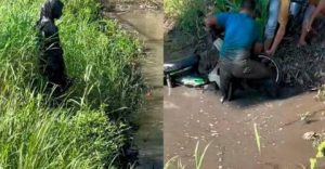 Mud-covered woman’s ghostly stance after ditch crash